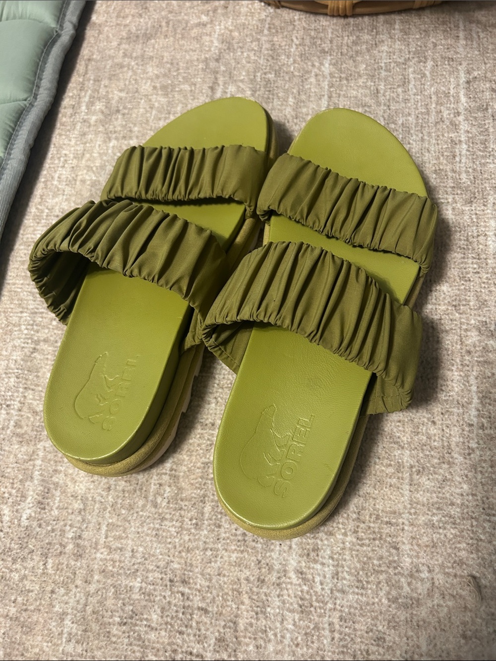 Sorel Olive Green Ruffle-Strap Slide Sandals